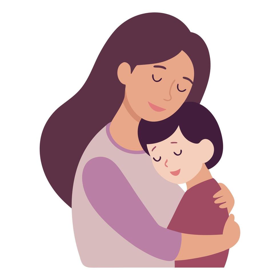 Emotional Mothers Day Illustration of a Mother Hugging Her Child Tightly with Eyes Closed in Pure Affection vector