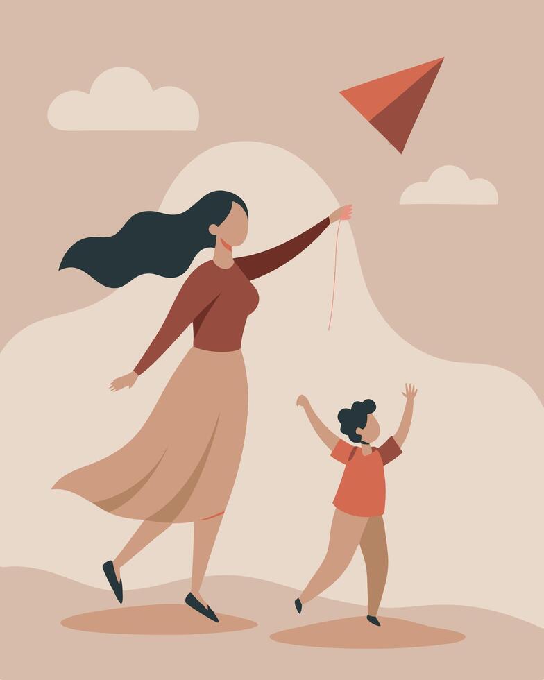 Joyful Moment Mother And Child Gliding With A Kite In Blue Sky vector