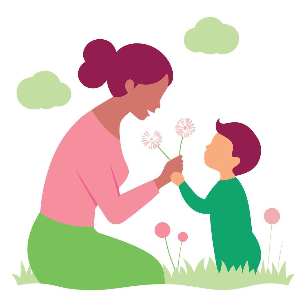 Flat Color Illustration of a Mother and Child Blowing Dandelions in a Peaceful Garden on Mothers Day vector
