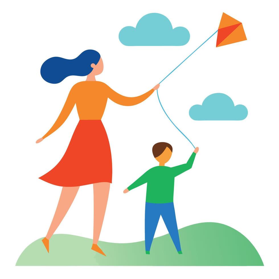 Flat Color Illustration of a Mother and Child Enjoying Kite Flying Together in an Open Field on Mothers Day vector