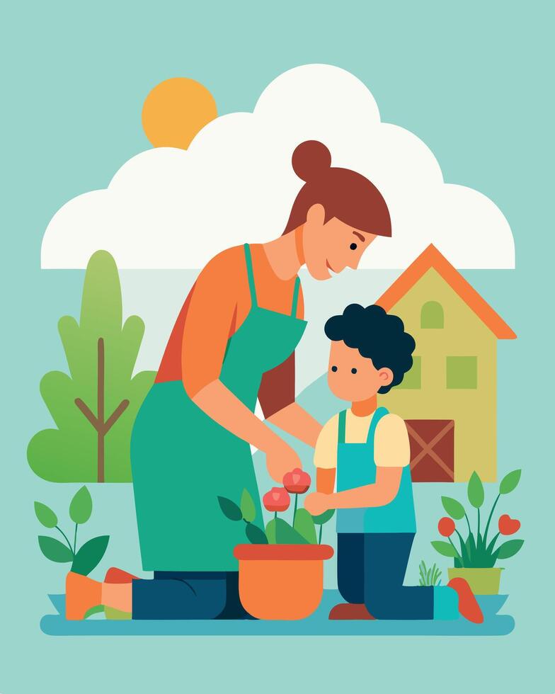 Mothers Day Illustration of Mother and Child Gardening in a Bright Backyard vector