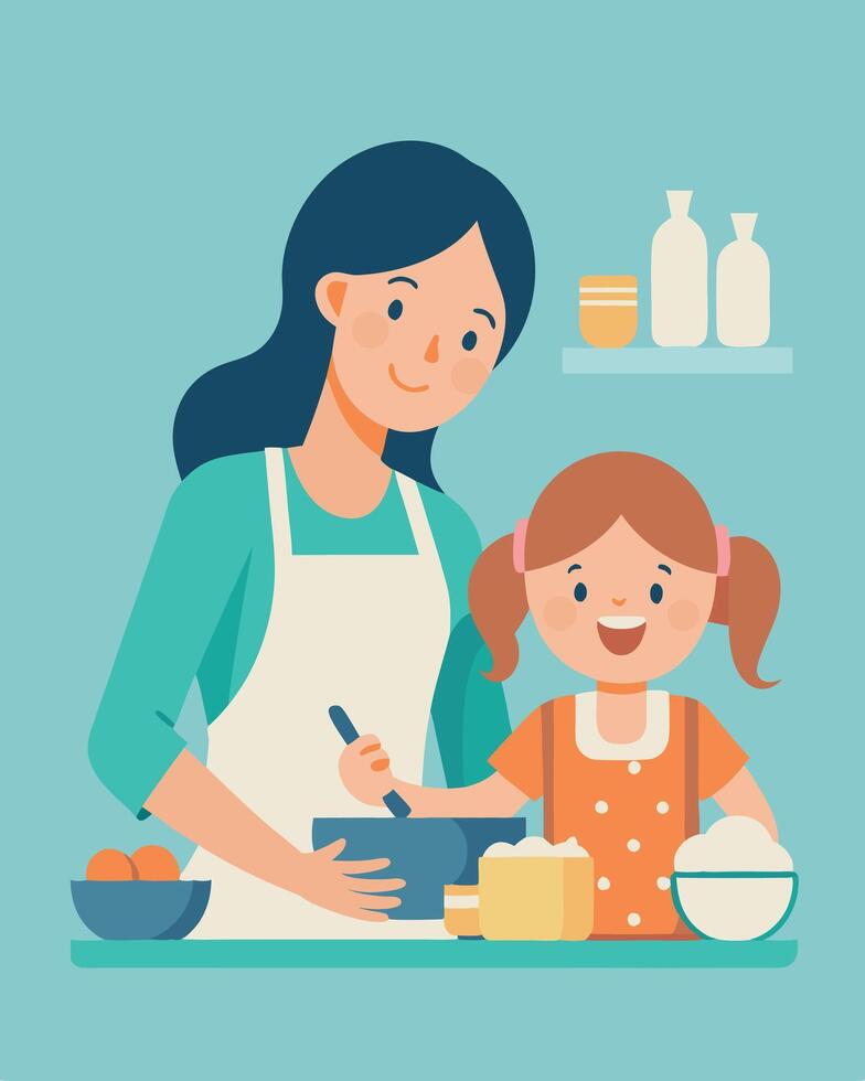 Cheerful Scene Mother And Daughter Baking Tarts In Kitchen vector