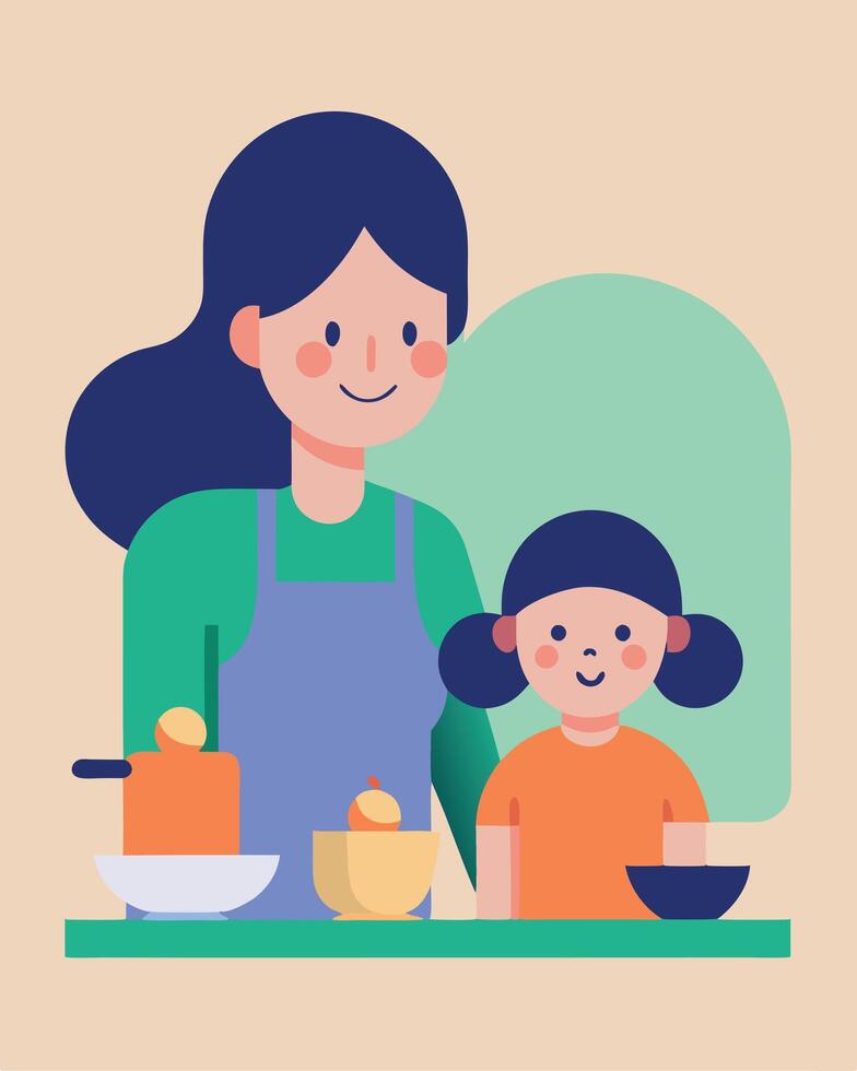 Mothers Day Illustration of Mother and Daughter Enjoying a Fun Cooking Session vector