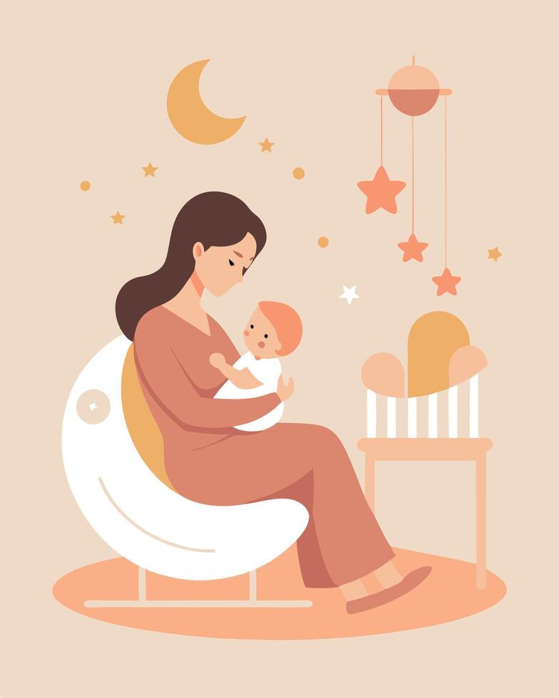 Mother Rocking Her Baby To Sleep In A Cozy Nursery Room vector