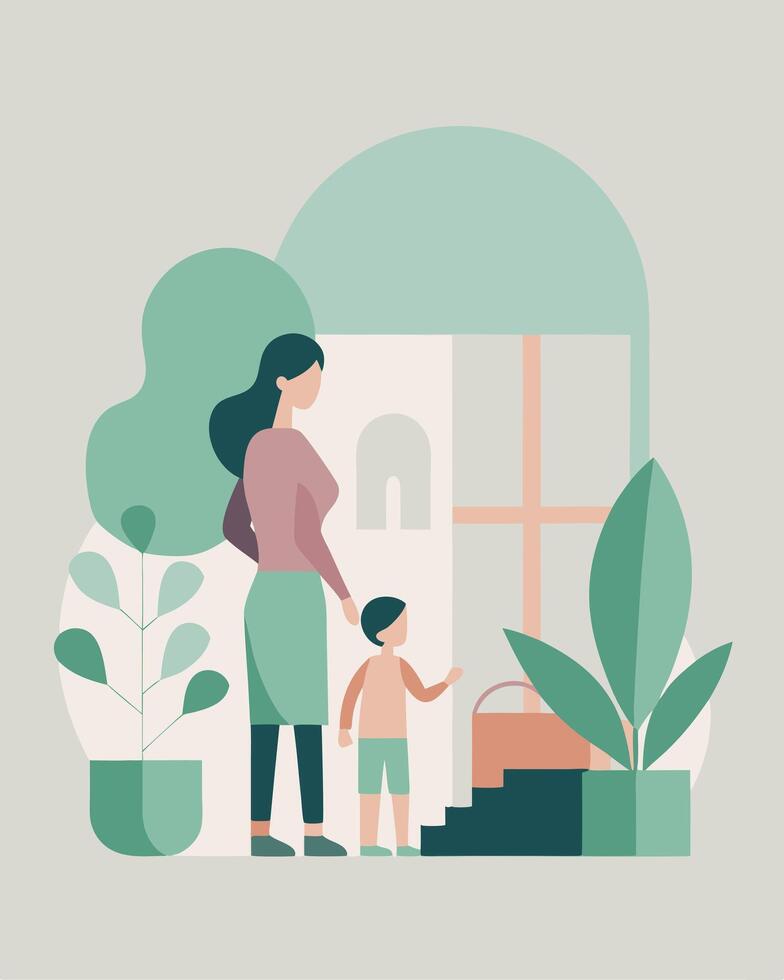 Fresh Mothers Day Illustration Mother and Child Discovering an Indoor Garden Paradise vector