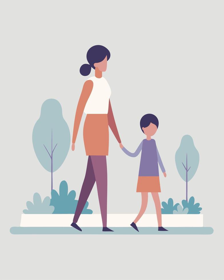 Relaxed Mothers Day Illustration of Mother and Child Walking Peacefully in a Modern Urban Park vector