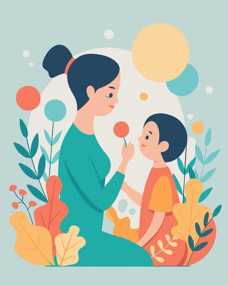 Delightful Illustration Mother And Child Blowing Bubbles With Joy vector