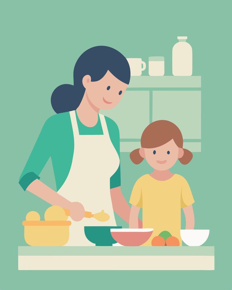 Delightful Scene Mother And Daughter Baking Cupcakes In Kitchen vector