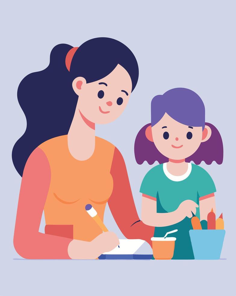 Vibrant Mothers Day Illustration of Mother and Daughter Participating in a Creative Art Session vector
