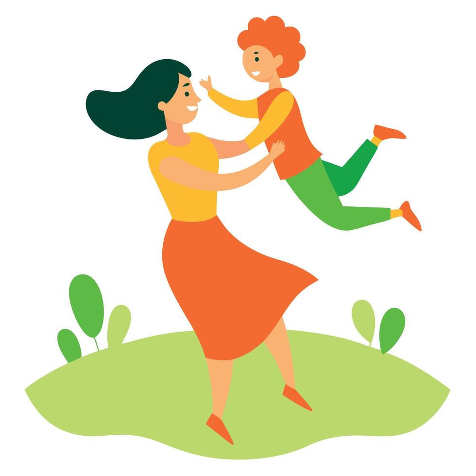 Playful Mothers Day Illustration of a Mother Spinning Her Child Around in a Meadow Full of Joy and Color vector