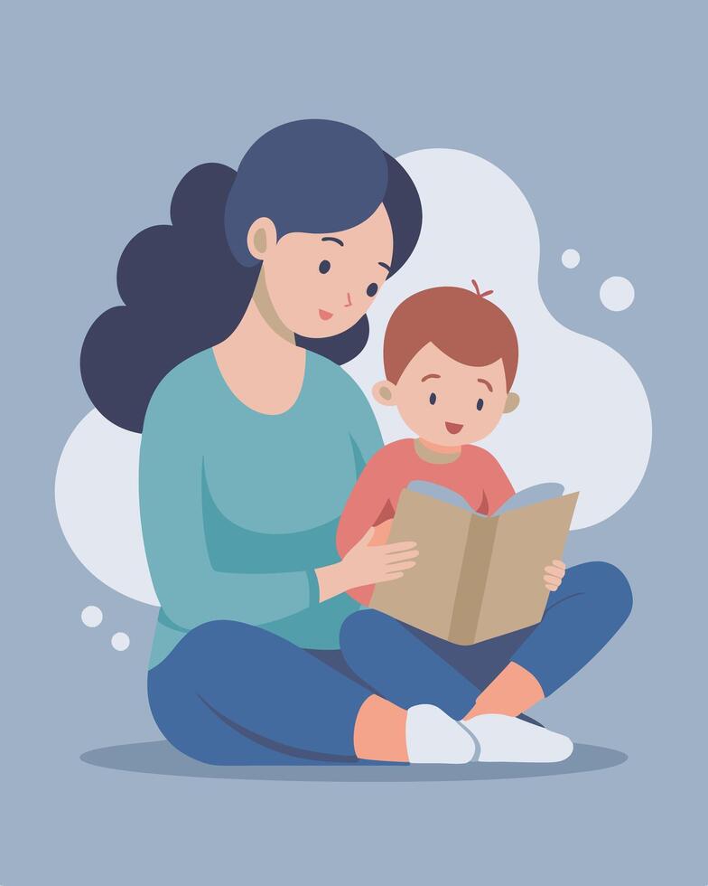 Happy Mothers Day Illustration Mother Narrating A Story To Her Toddler In A Serene Environment vector