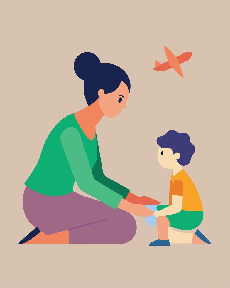 Happy Mothers Day Illustration Mother Watching Her Child Play With A Toy Airplane vector