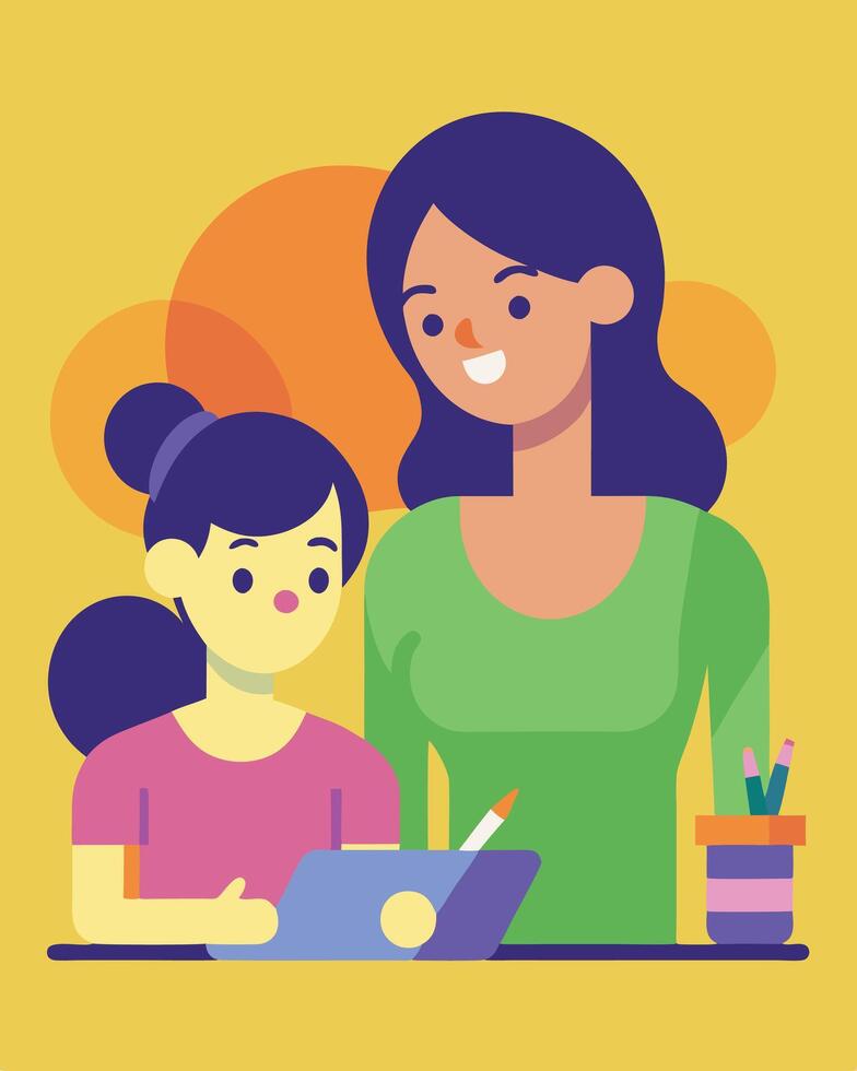 Happy Mothers Day Illustration Mother And Daughter Painting Together On A Sunny Day In Open Air vector