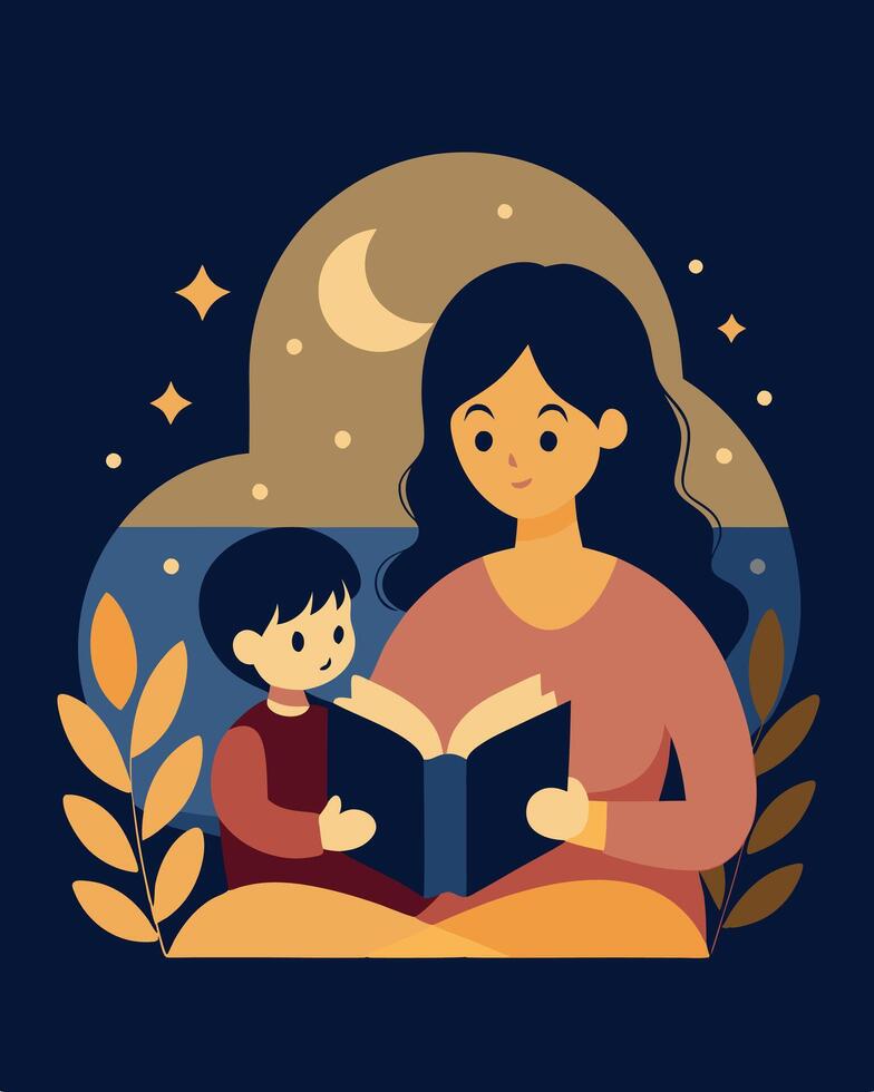 Happy Mothers Day Illustration Mother Reading A Bedtime Story In A Warm Cozy Setting vector