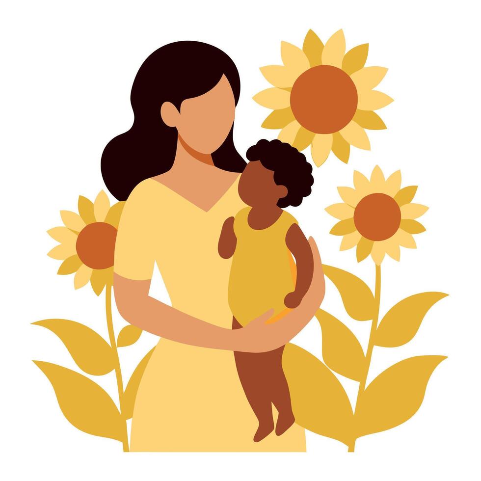Radiant Mothers Day Illustration of a Mother Holding Her Child While Standing in the Sun with Joyful Warmth vector