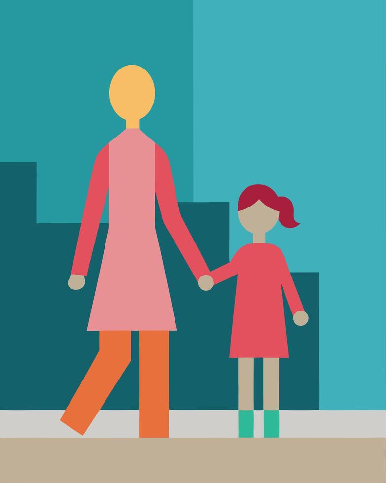 Vibrant Mothers Day Illustration of Mother and Child Walking Hand In Hand on City Street vector