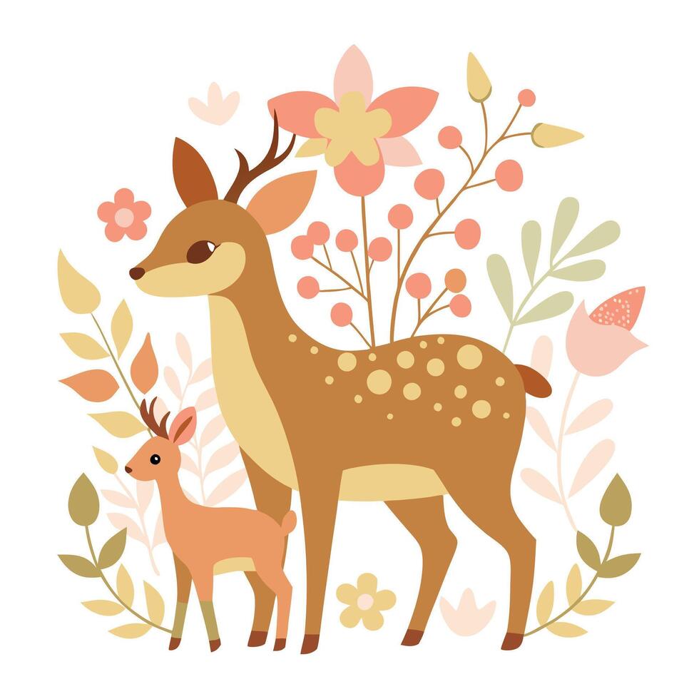 Delicate illustration of a mother and baby deer surrounded by soft florals on Happy Mother's Day vector