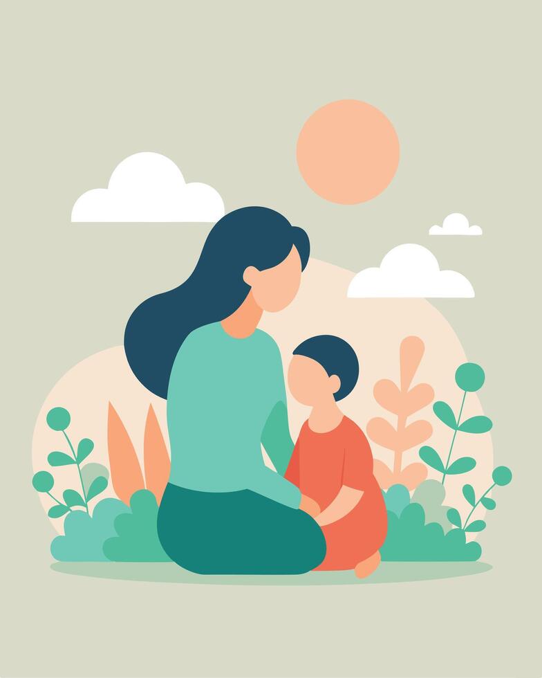 Happy Mothers Day Illustration Mother And Child Sharing A Peaceful Moment In A Quiet Room vector