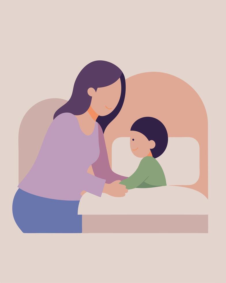 Happy Mothers Day Illustration Mother Carefully Tucking Her Child Into Bed In A Cozy Setting vector