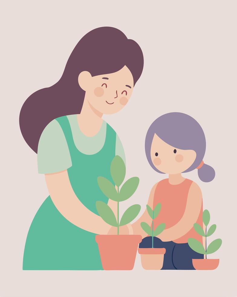 Happy Mothers Day Illustration Mother And Daughter Enjoying A Cheerful Moment In A Sunny Setting vector