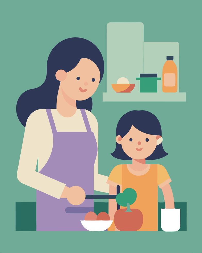 Mothers Day Artwork of Mother and Daughter Enjoying a Fun Cooking Session vector