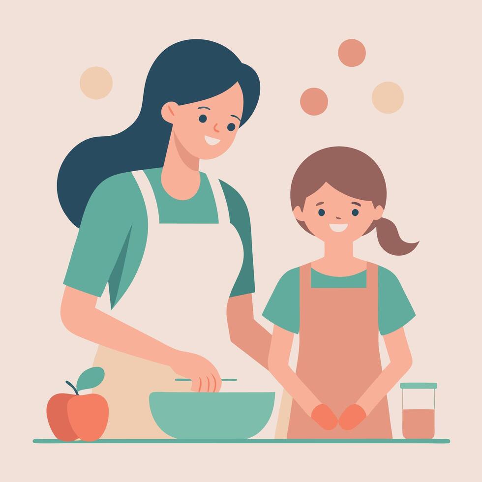 Delightful Flat Color Illustration of a Mother and Daughter Joyfully Baking on Mothers Day vector