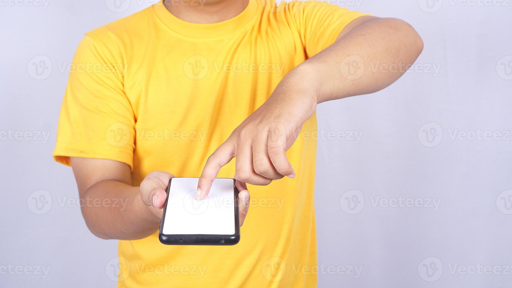 Man hand scrolling mobile phone mock up blank screen isolated on white background photo