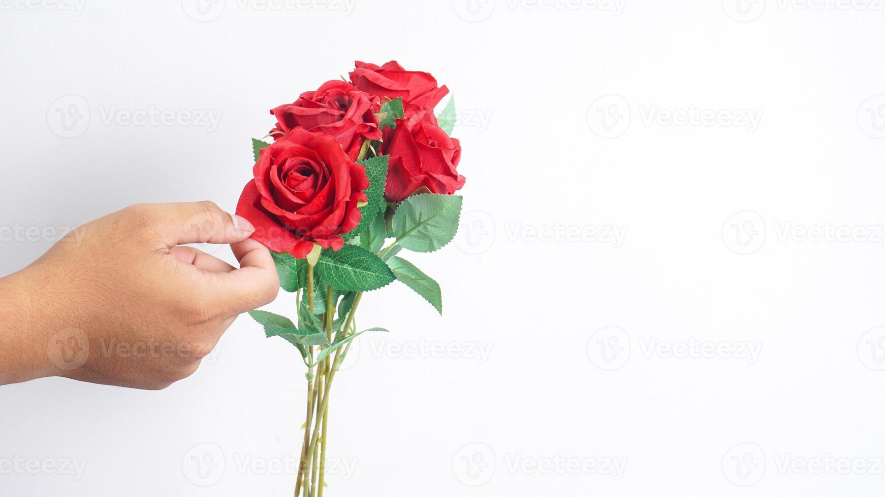 Hands with artificial or fake red rose flowers arrangement isolated on white background photo