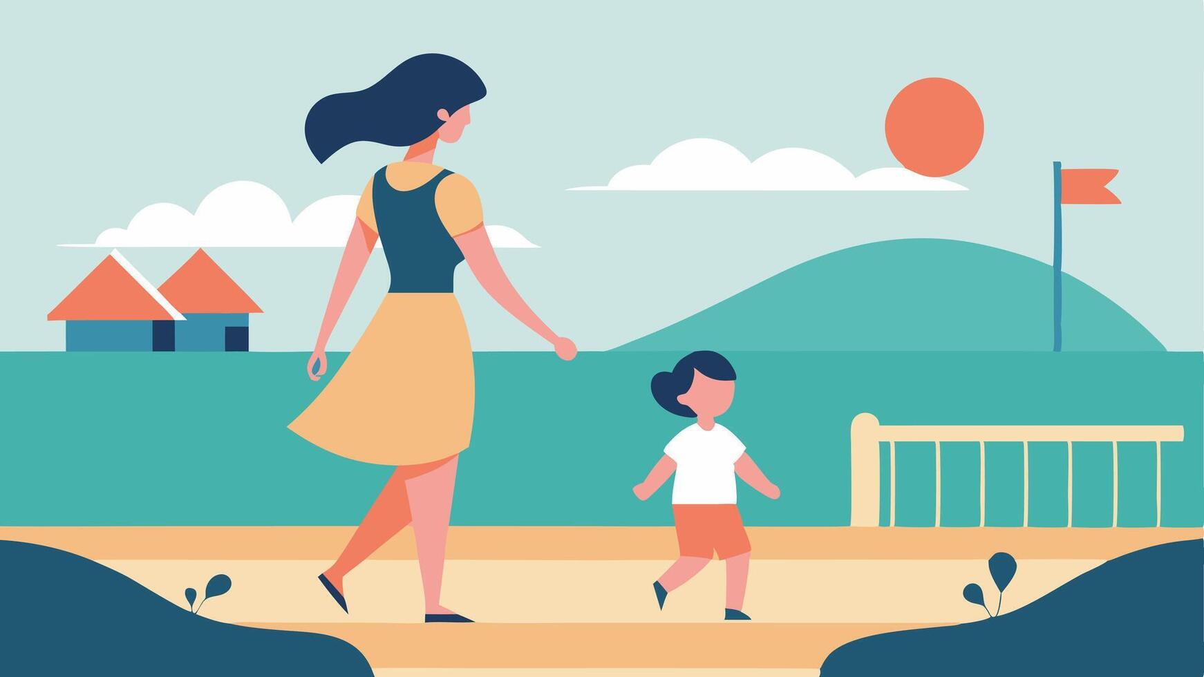 Seaside Play Day. Mother and Child Enjoying a Relaxing Coastal Mothers Day vector