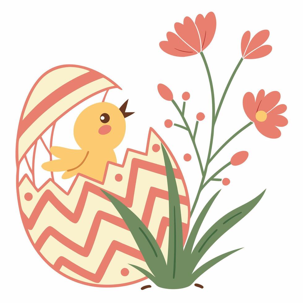 Peeking Chick. A Joyful Flat Easter Illustration Design cute card eggs happy bunny spring vector
