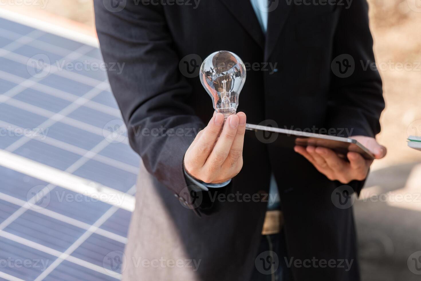 Sustainable business demonstration. Professional showcasing innovations in solar energy solutions. photo