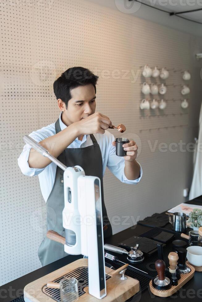 Specialized Coffee Preparation. A skilled barista expertly measuring coffee grounds in a stylish cafe environment. photo