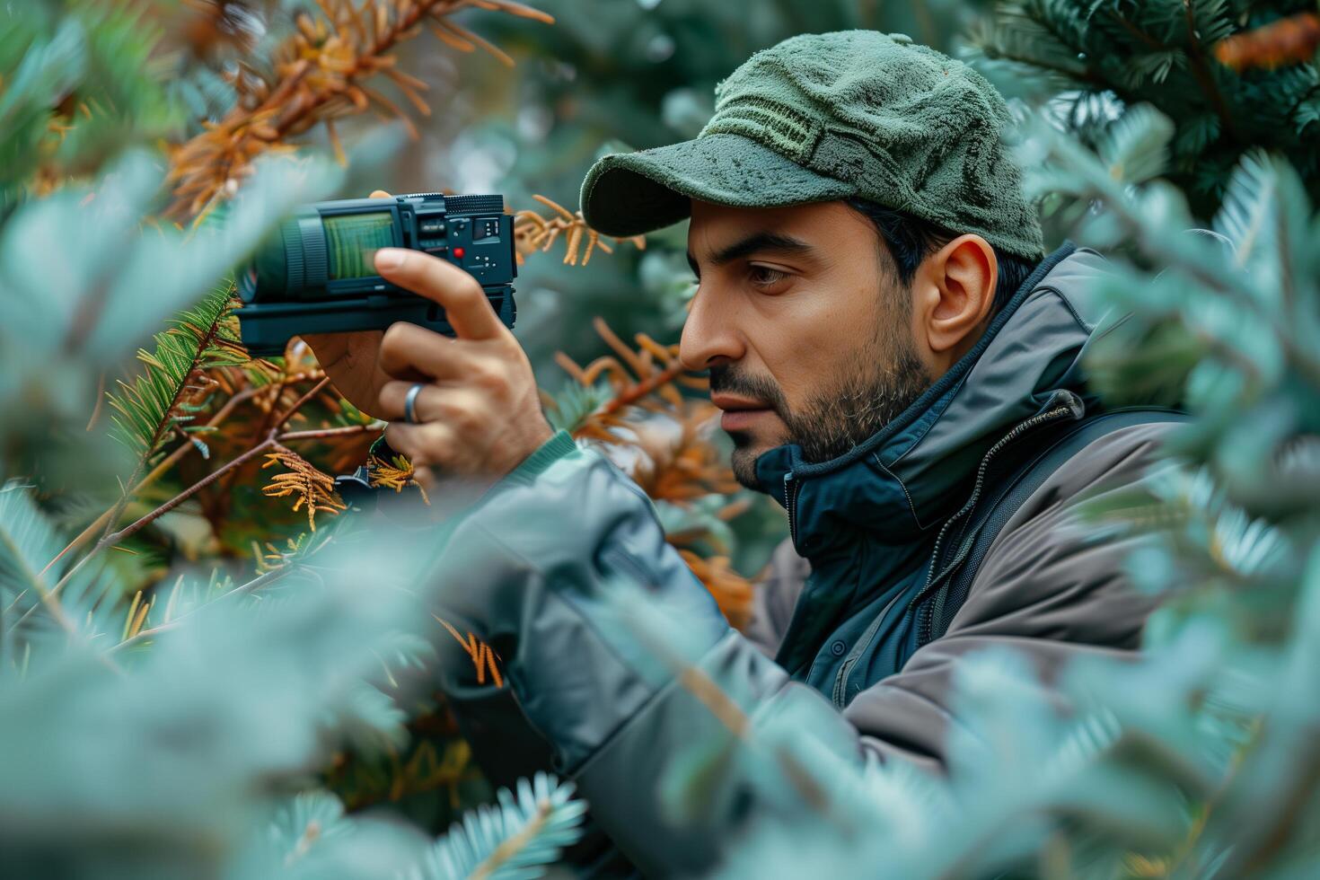 A man in a green hat and jacket is taking a picture photo