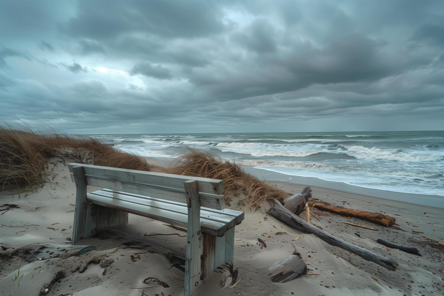 A bench sitting on a sandy beach with a stormy sky photo