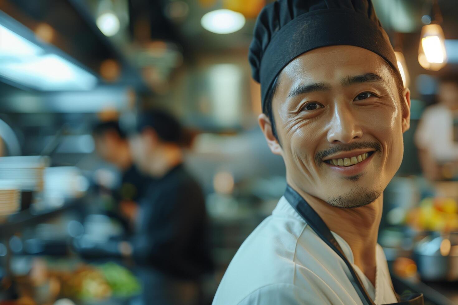 A man in a chef hat is smiling in a restaurant photo