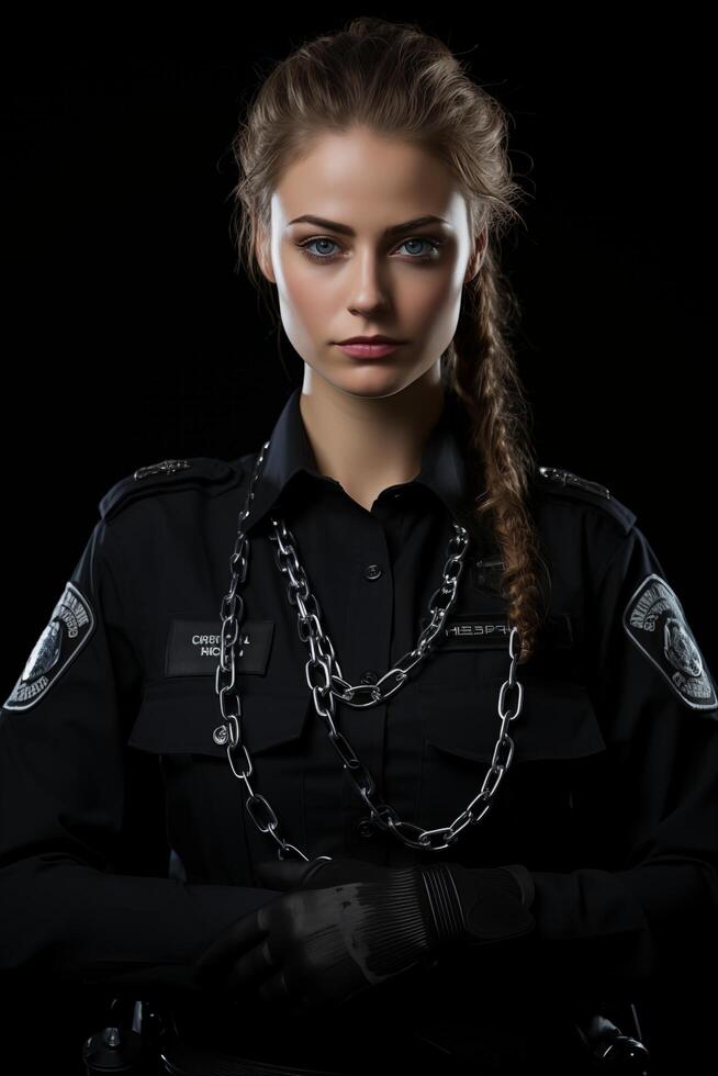 A woman in a police uniform with chains on her hands photo