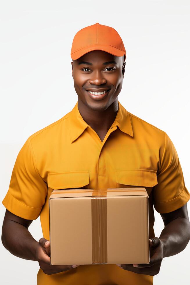A smiling black man in an orange uniform holding a box photo