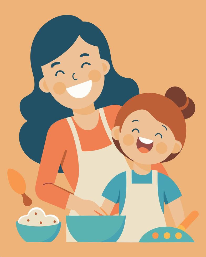 Mothers Day Illustration of Mother and Child Cooking with Warm Orange Tones vector