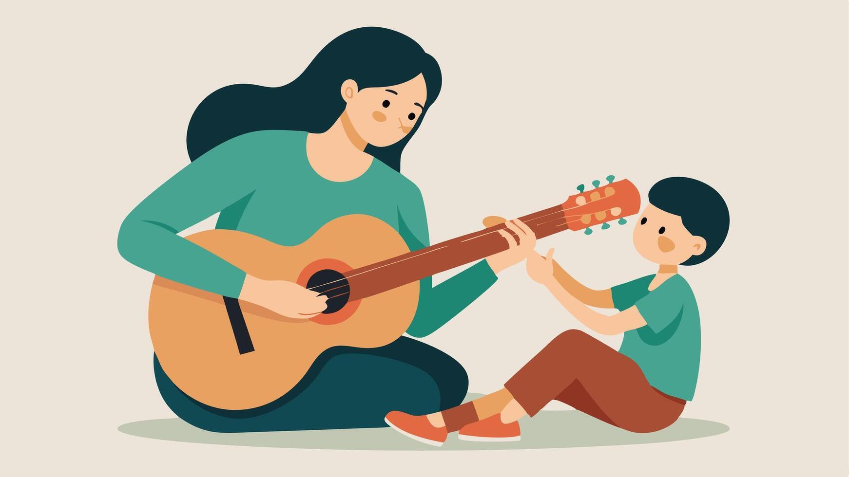 Mothers Day Flat Illustration of a Mother Strumming an Acoustic Guitar While Her Child Listens vector