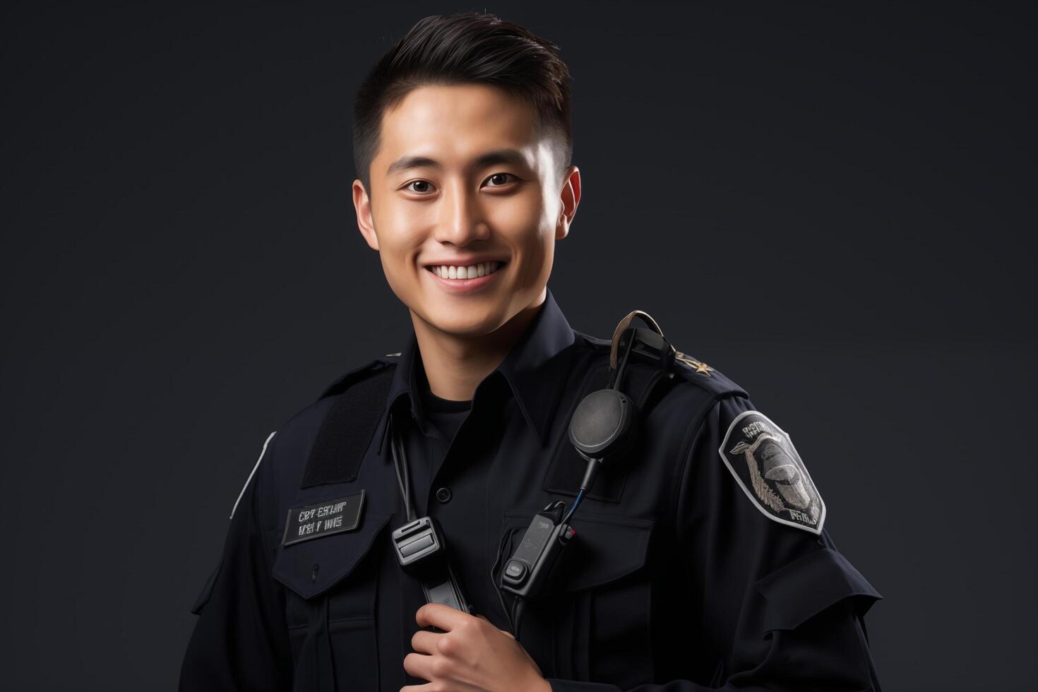 A smiling young asian male police officer photo