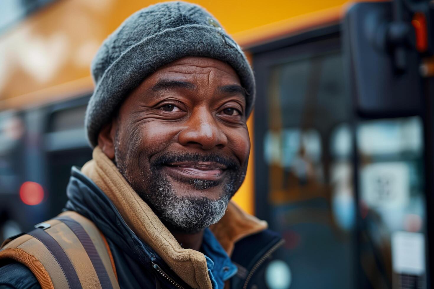 A man smiles while standing in front of a bus photo