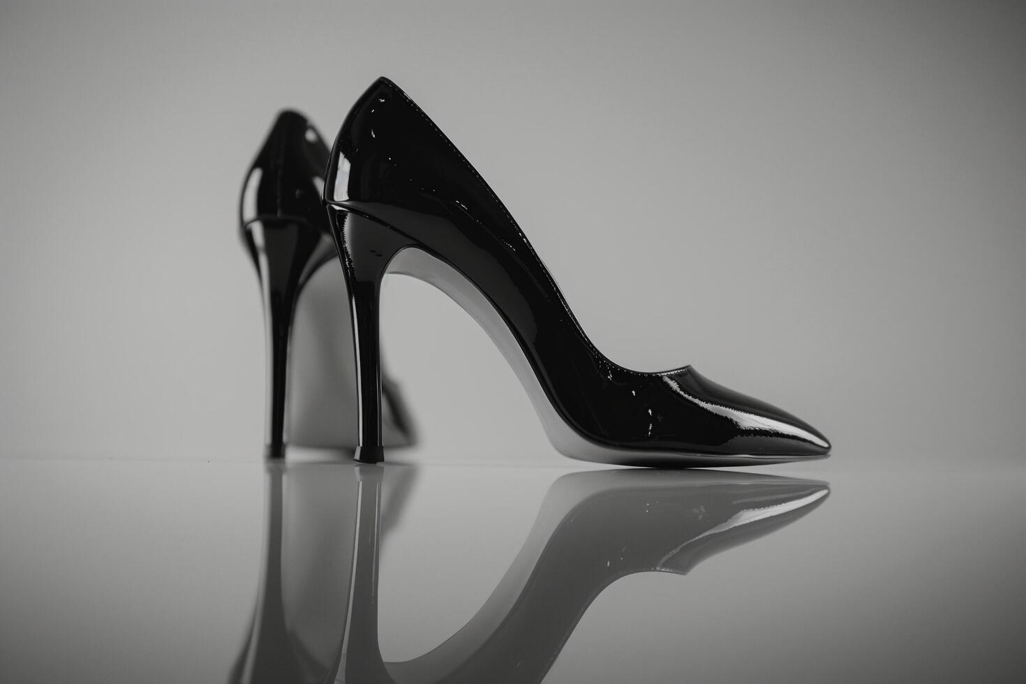A pair of black high heels on a reflective surface photo