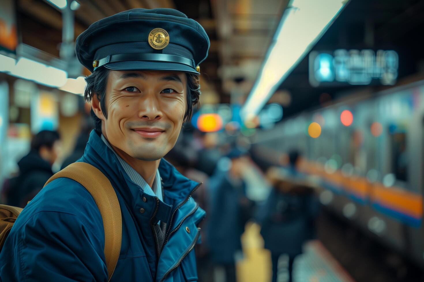 A man in a blue uniform standing in front of a train photo
