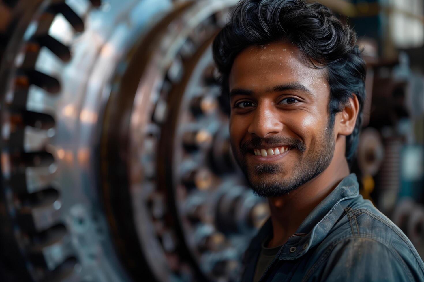 A young man is smiling in front of a large machine photo