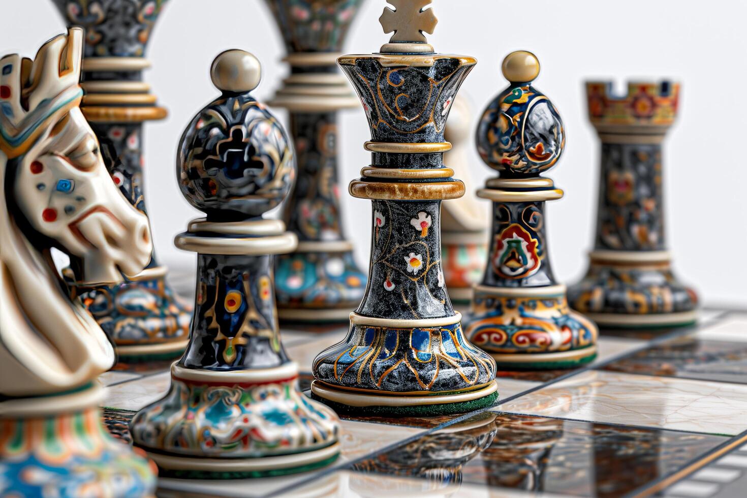 A chess set with colorful pieces and a horse photo