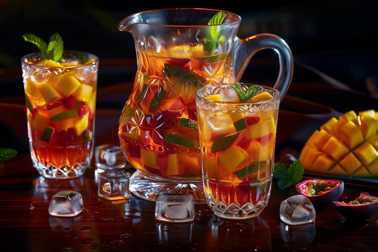 A pitcher of fruit juice and ice cubes photo