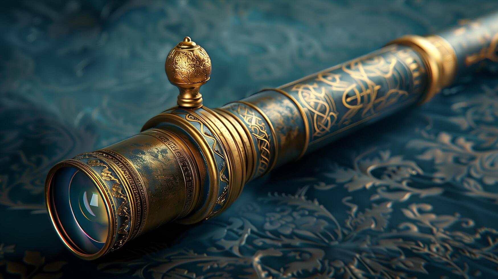 A golden telescope with a gold handle and a gold cap photo