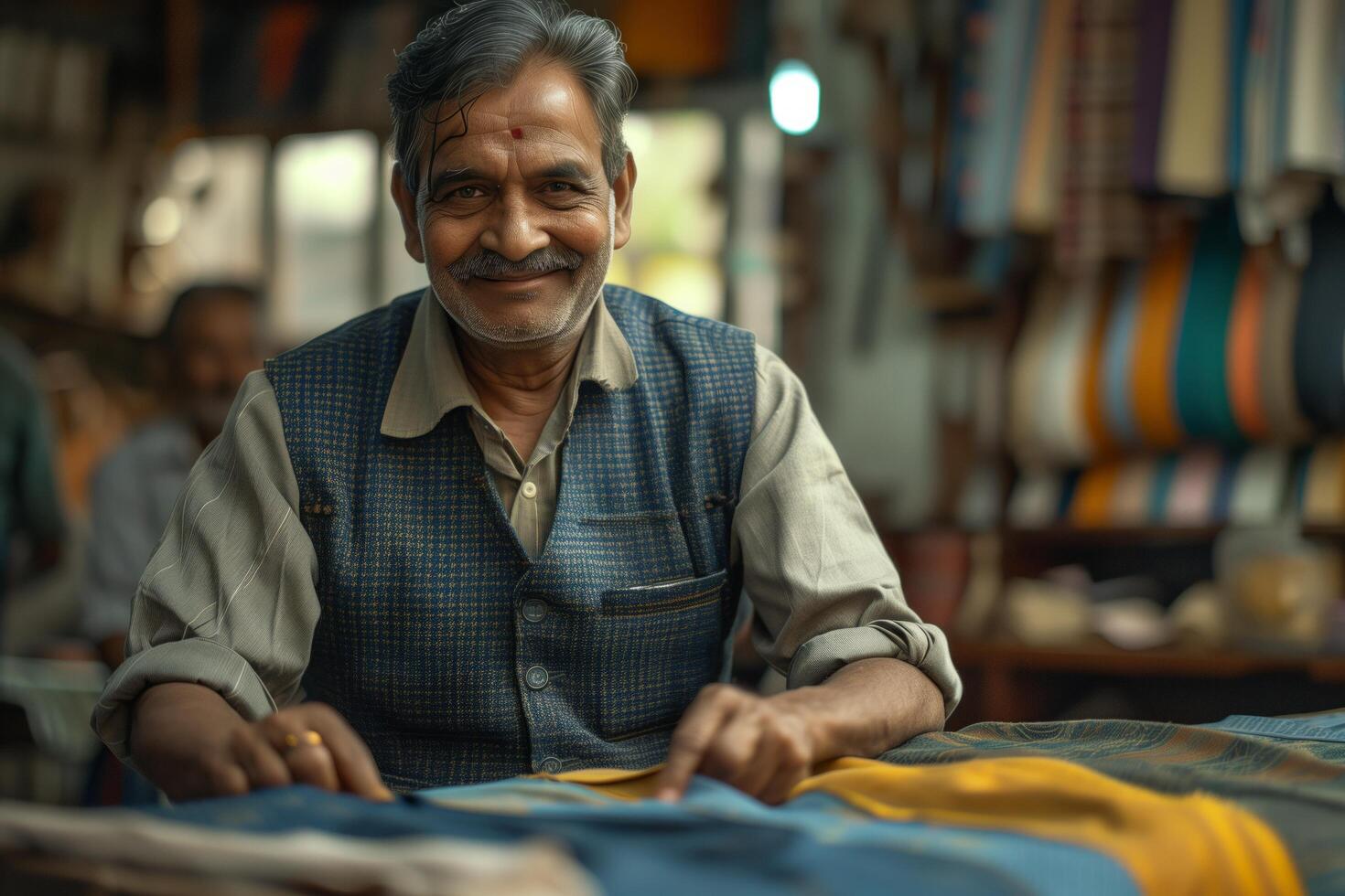 A man in a vest is sitting at a table photo