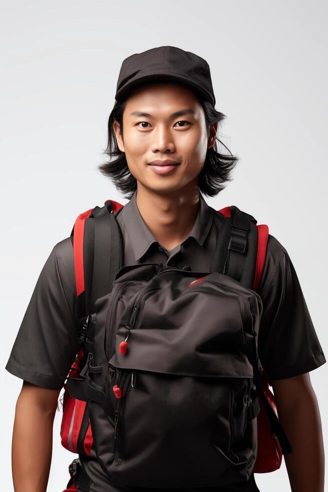 A man wearing a black shirt and a red backpack photo