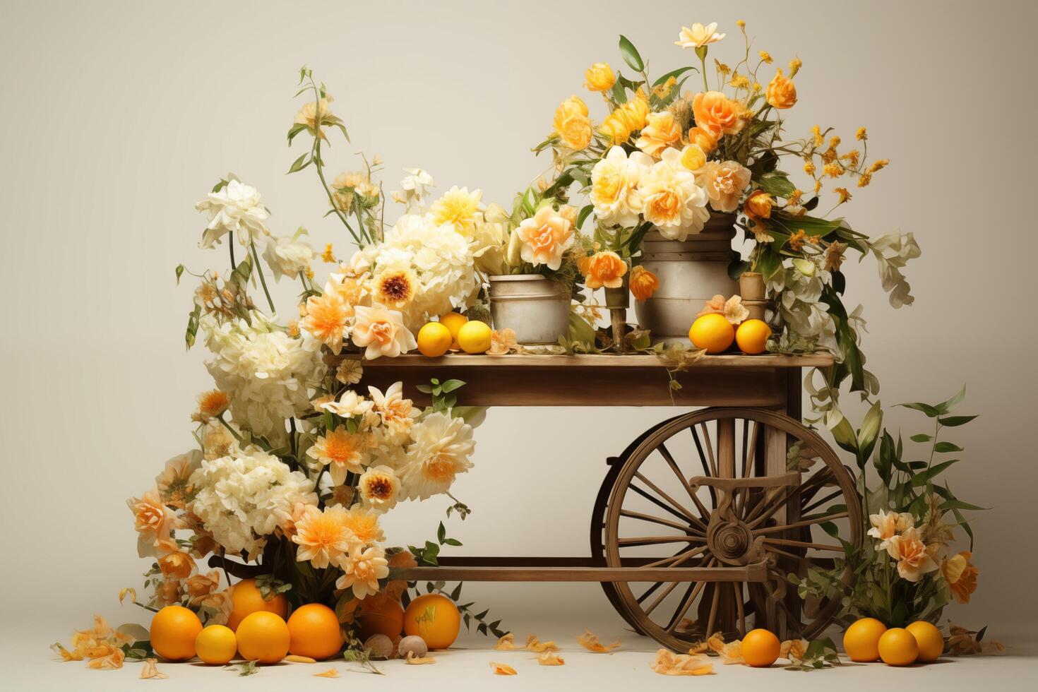 Orange and white flowers on a cart with oranges photo